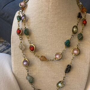 Vintage Gold-tone Long Necklace with Genuine Multi Color Caged Gemstones.